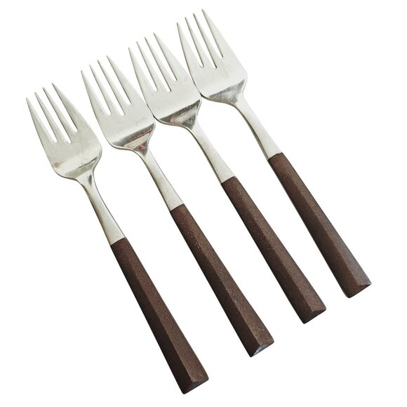 4 Woodwind Salad Fork 5" wood-like handle vtg midcentury boho minimalist mixed m - Picture 1 of 9